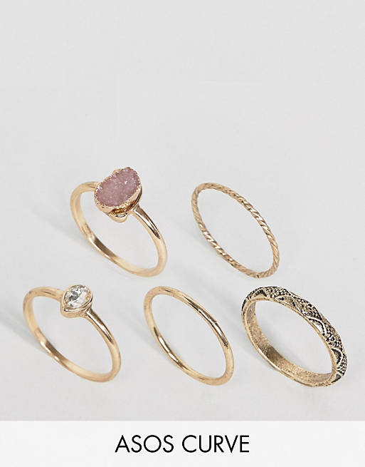 ASOS CURVE Pack of 5 Stone Etched Ring Pack