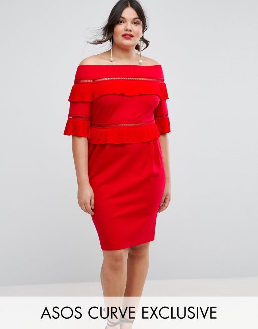 ASOS CURVE Pleat & Ruffle Off Shoulder Dress