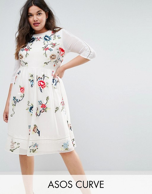 ASOS CURVE PREMIUM Midi Skater Dress With Floral Embroidery | ASOS