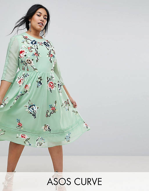ASOS CURVE PREMIUM Midi Skater Dress with Floral Embroidery | ASOS