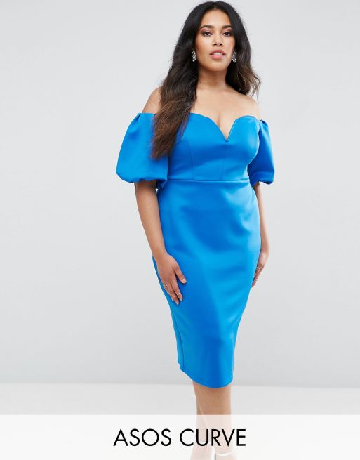 ASOS CURVE Scuba Puff Sleeve Bardot Midi Dress