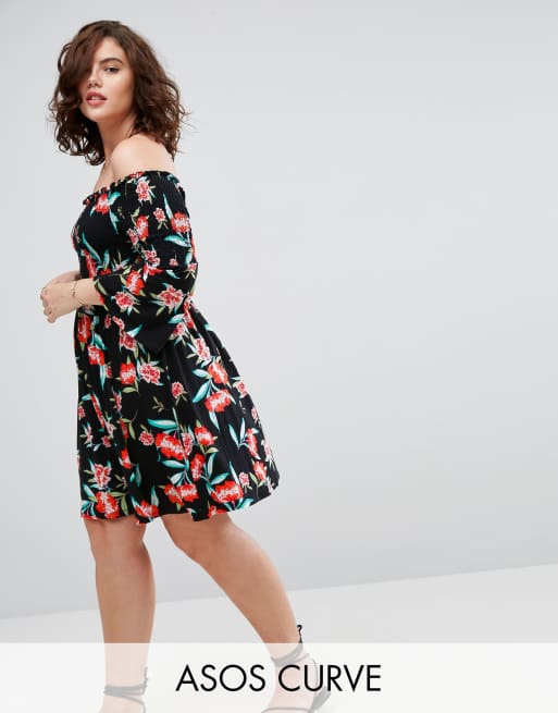 ASOS CURVE Shirred Bardot Mini Dress With Trumpet Sleeve In Floral Print