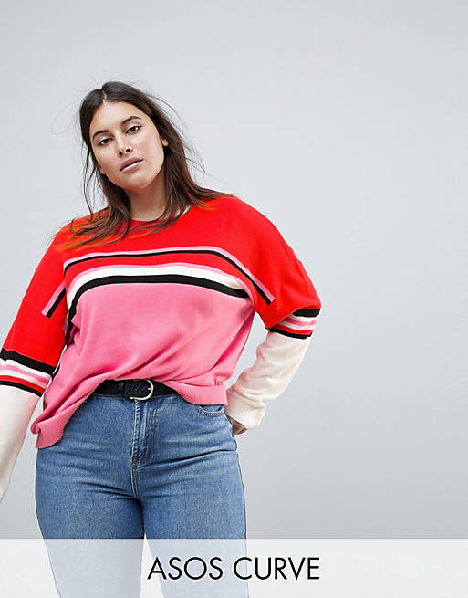 ASOS CURVE Sweater with Crew Neck in Color Block Stripe