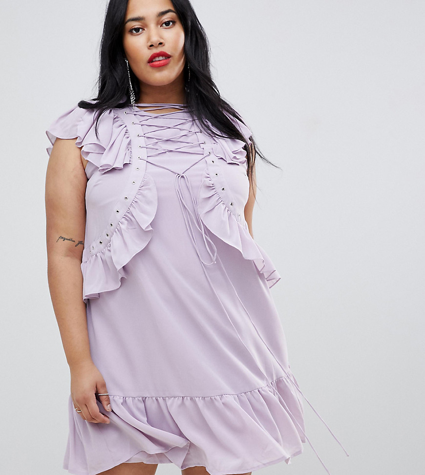 ASOS CURVE Swing Tea mini dress with Lace Up & Eyelet Detail-Purple