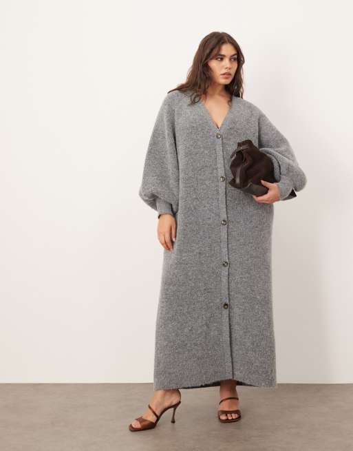 ASOS Curve – Szara dzianinowa sukienka midi z balonowymi rękawami i zapięciem na guziki