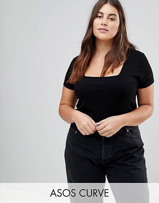 ASOS CURVE T-Shirt with Square Neck in Fancy Rib | ASOS