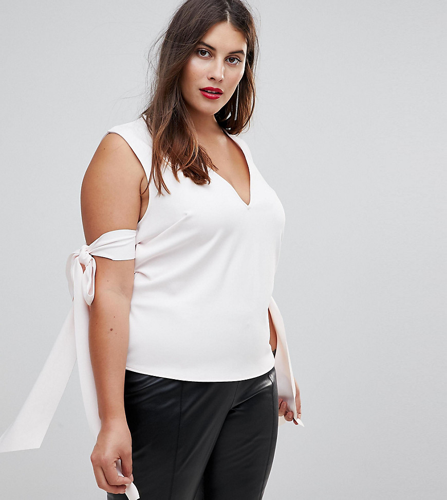 ASOS CURVE Top in Scuba with Plunge Neck & Bow Detail-Pink