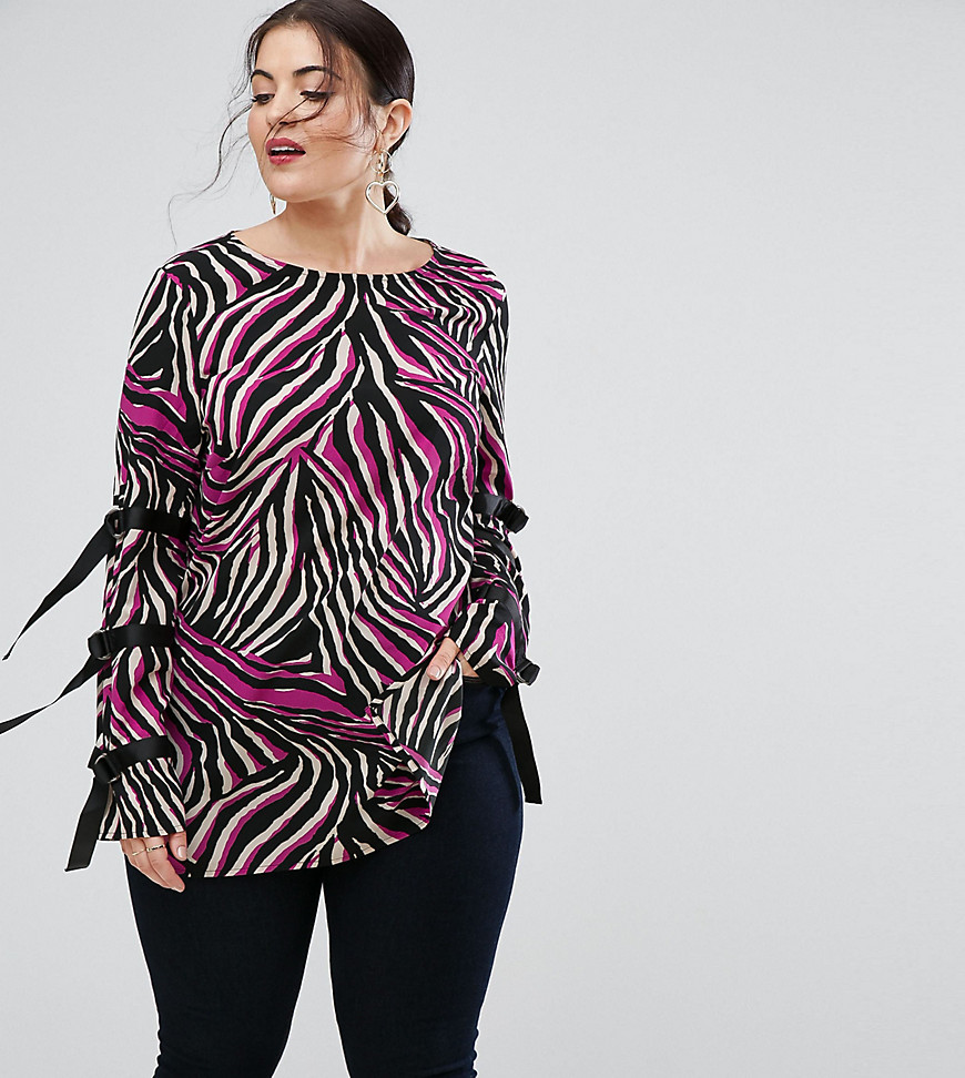 ASOS CURVE Tunic long sleeve top in Abstract Print with D Rings-Multi