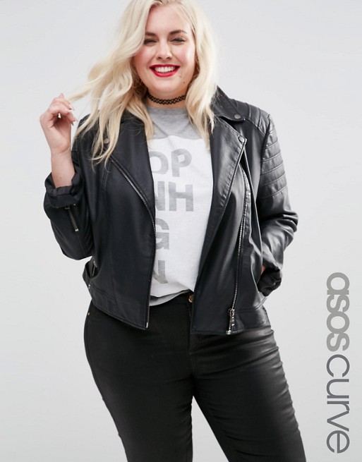 ASOS Curve | ASOS CURVE Ultimate leather look Biker jacket with Piped ...