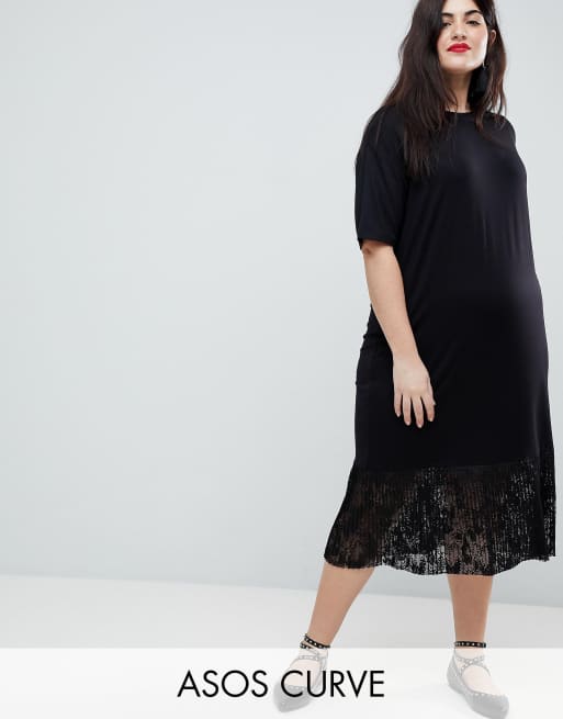 ASOS CURVE - Vestito T-shirt midi con fondo a pieghe in pizzo