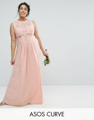 ASOS CURVE – WEDDING – Maxiklänning med spetstopp och plissering framtill-Rosa