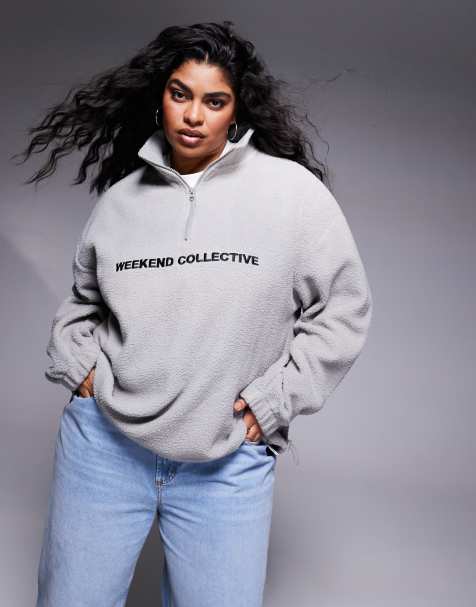 ASOS Curve – Weekend Collective – Teddyfell-Sweatshirt in meliertem Grau mit Logo und halblangem Reißverschluss - view 1