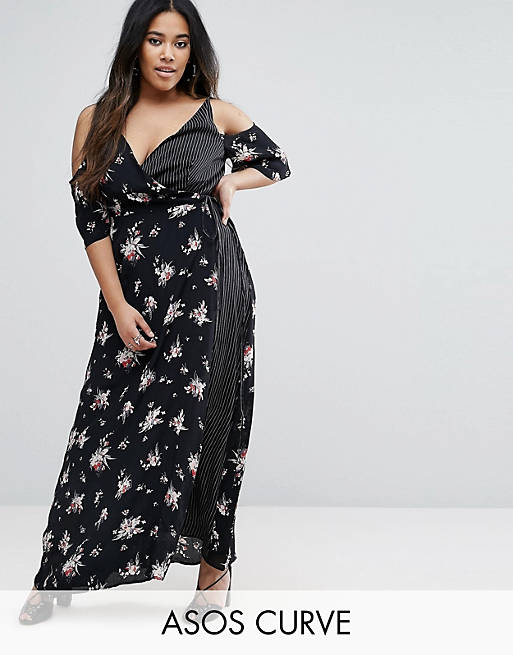ASOS CURVE Wrap Front Maxi Dress with Cold Shoulder in Mixed Prints