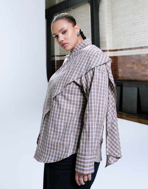 ASOS Curve wrap scarf detail oversized shirt in check - view 1