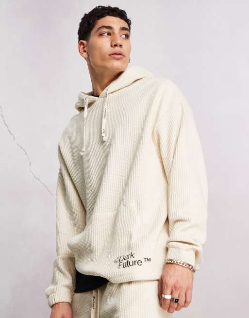 ASOS Dark Future – Beige, våfflad huvtröja i oversize med broderad logga, del av set, 2 av 4