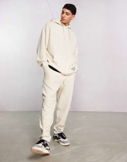 ASOS Dark Future – Beige, våfflad huvtröja i oversize med broderad logga, del av set, 4 av 4