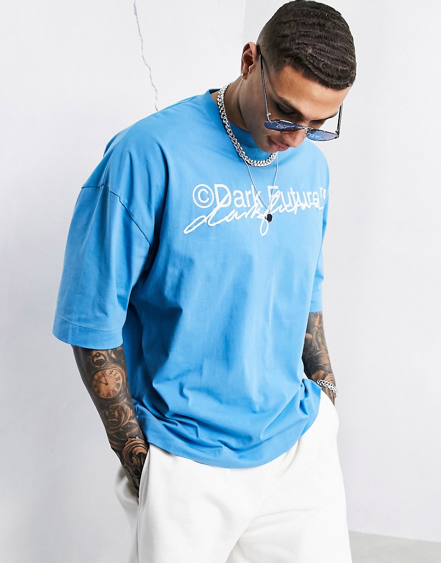 ASOS Dark Future – Blå oversize-t-shirt med två loggor i 3D