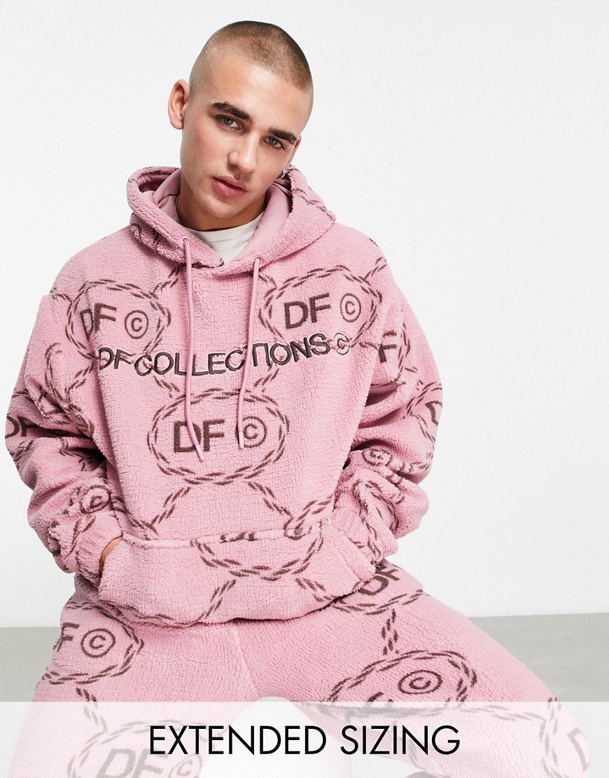 ASOS Dark Future co-ord oversized hoodie in teddy borg with all over monogram logo print and embroid