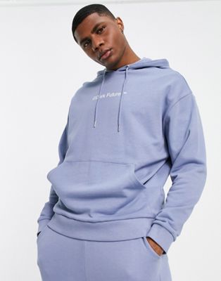 ASOS Dark Future co-ord oversized hoodie with chest print logo in stonewash blue
