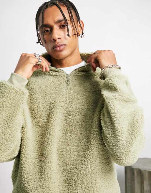 ASOS Dark Future co ord oversized quarter zip sweatshirt in teddy borg with back logo embroidery in neutral