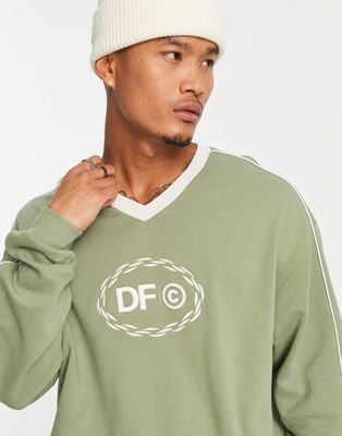 ASOS Dark Future co-ord oversized sweatshirt with v-neck and piping in khaki green - ASOS Price Checker