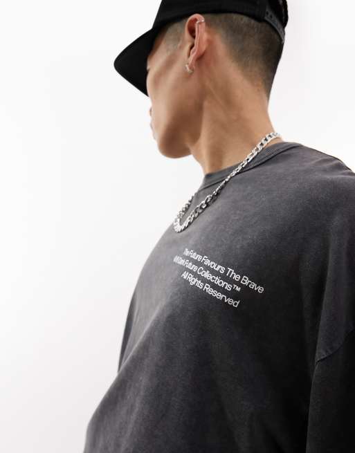 ASOS Dark Future co-ord oversized t-shirt with brave logo in washed black, 4 of 4