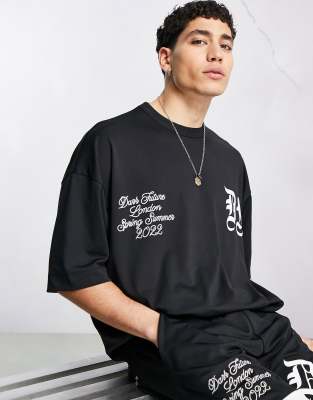 ASOS Dark Future co-ord oversized t-shirt with gothic text print and  embroidery in black