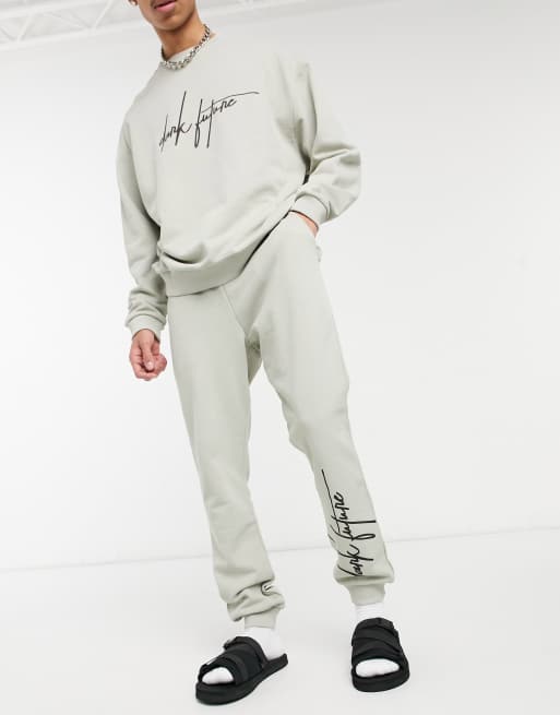 ASOS Dark Future co-ord oversized trackies with script logo in ice grey