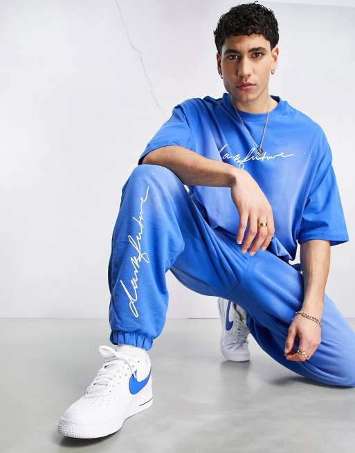 Asos Dark Future Co Ord Relaxed Joggers With Wash In Blue Asos