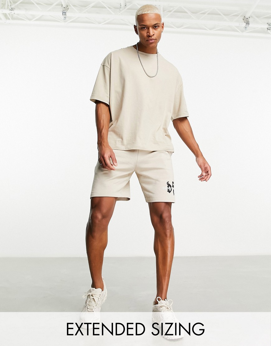 ASOS Dark Future co-ord relaxed short with gothic logo in beige-Neutral