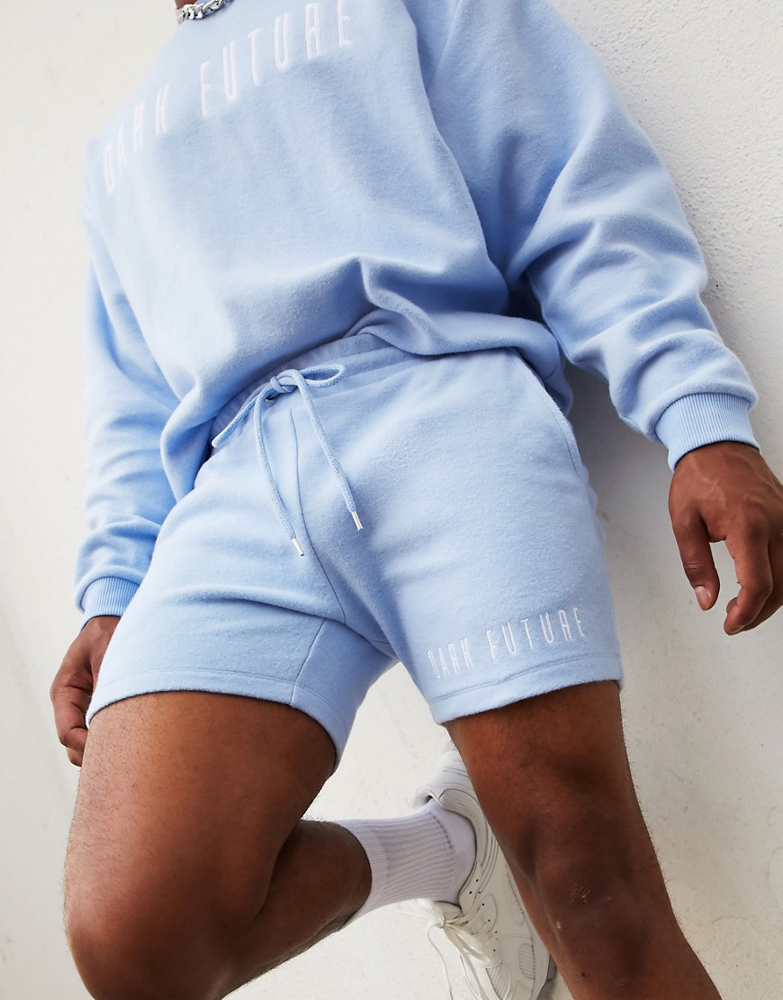 ASOS Dark Future co-ord skinny jersey shorts in reverse fleece and embroidered logo-Blue