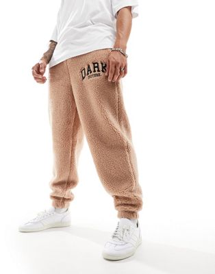 ASOS DARK FUTURE co-ord tapered joggers with embroidery in beige borg