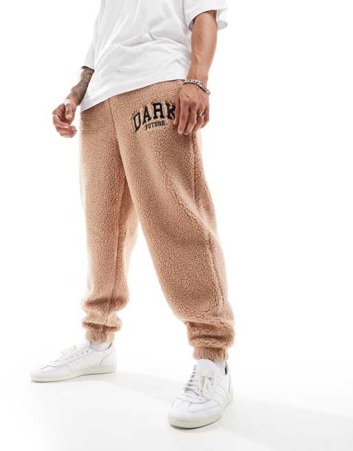 Asos Dark Future Co Ord Tapered Joggers With Embroidery In Beige Borg