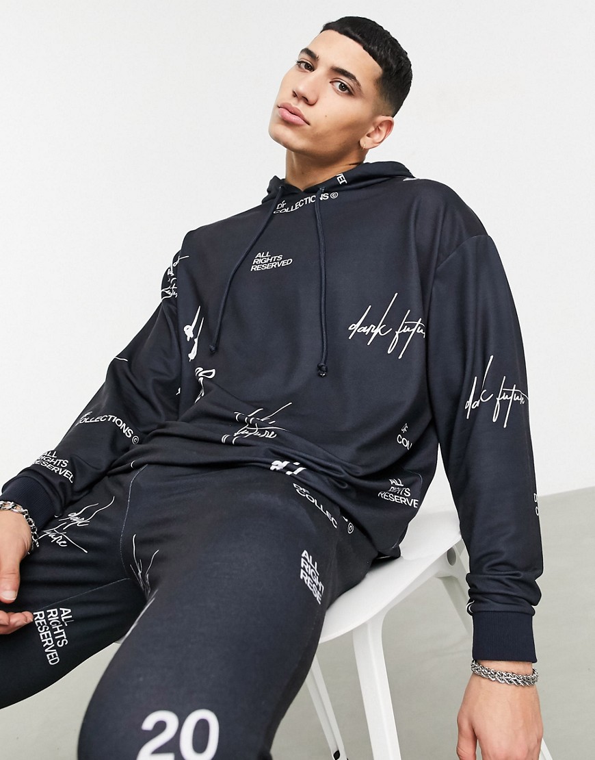 ASOS Dark Future - Combi-set - Oversized hoodie met tekstprint-Zwart