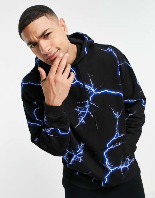 ASOS – Dark Future – Czarna bluza z kapturem oversize we wzór błyskawic na całej powierzchni 