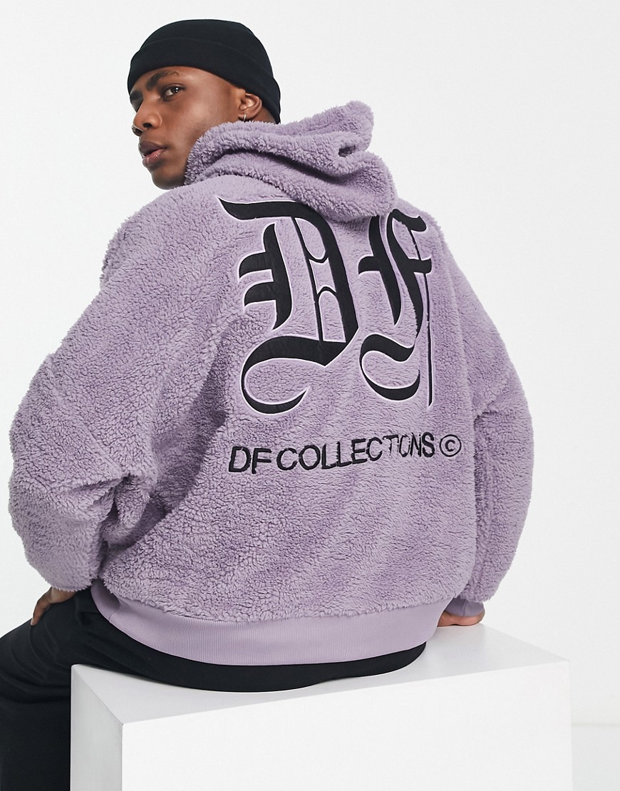 ASOS Dark Future extreme oversized hoodie in teddy borg with gothic logo embroidery in purple