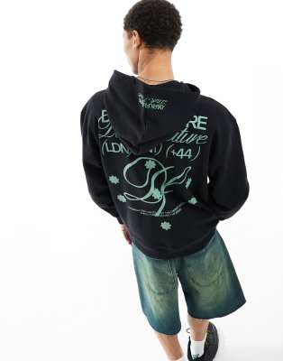 ASOS Dark Future - Felpa con cappuccio oversize con stampa sulla schiena e ricamo sul cappuccio, colore nero