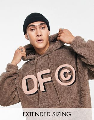 ASOS Dark Future oversized hoodie in teddy borg with logo applique in brown - ASOS Price Checker