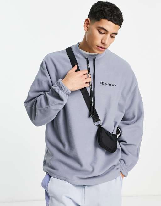 ASOS Dark Future - Felpa oversize in pile grigia con logo stampato e coulisse