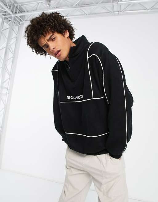 ASOS Dark Future - Felpa oversize in pile nera con logo, zip corta e profili a contrasto