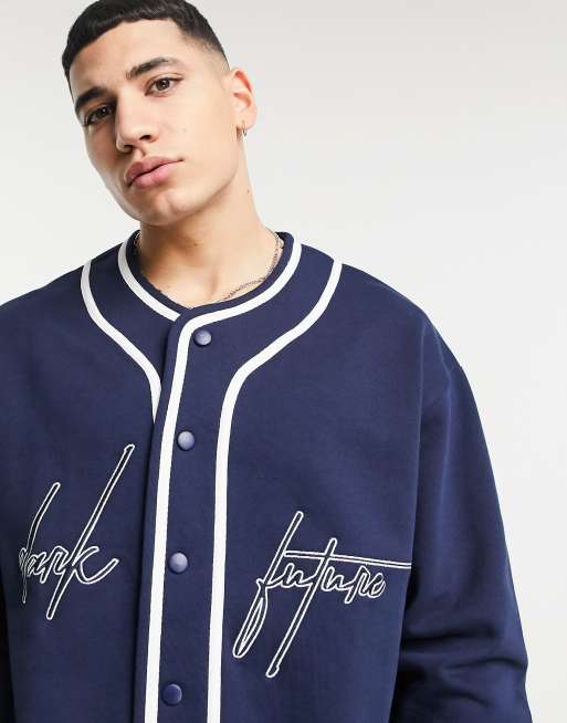 ASOS Dark Future - Felpa oversize stile baseball color blu navy con ricamo su petto e schiena