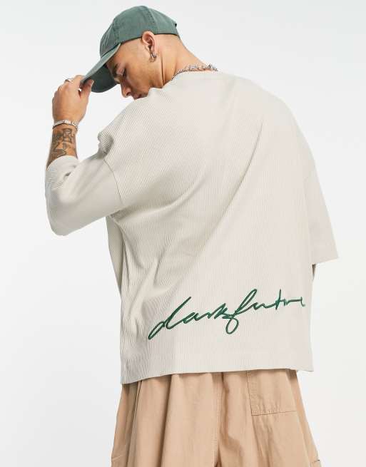 ASOS – Dark Future – Geripptes Oversized-T-Shirt aus Jersey in neutralem Farbton mit Logo-Stickereien, 3 von 4