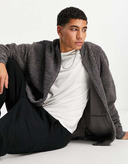 ASOS – Dark Future – Grå bomberjacka av teddy i oversize med dragkedja och broderad logga