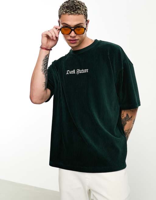 ASOS Dark Future – Grön, ribbad t-shirt i oversize och velour med logga och broderi