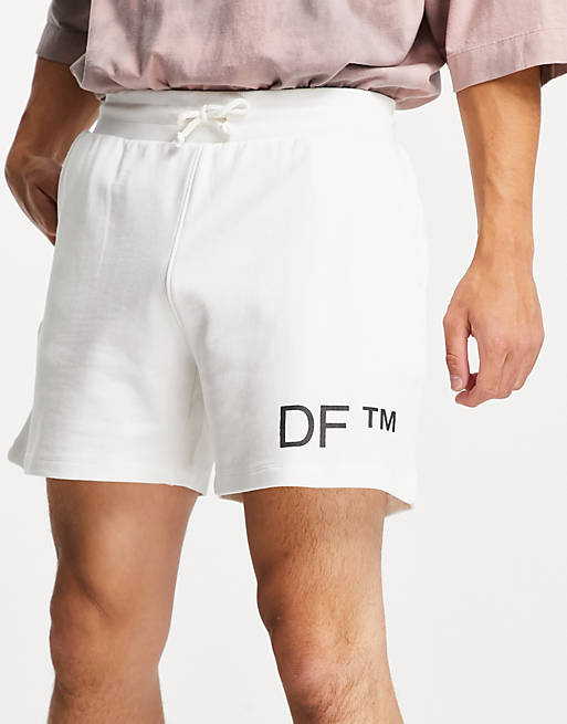 ASOS Dark Future jersey shorts in off white with printed logo in organic cotton