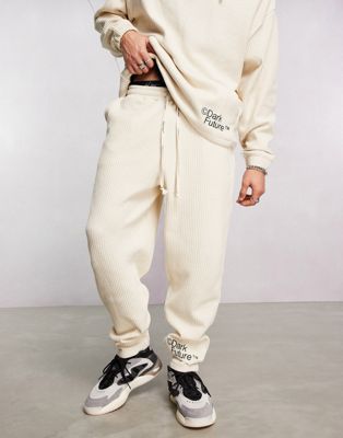 ASOS Dark Future co-ord relaxed jogger in waffle with logo embroidery in neutral - ASOS Price Checker