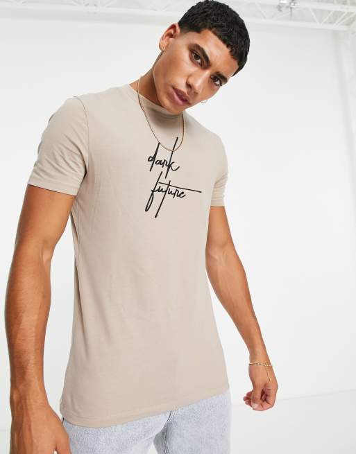 ASOS – Dark Future – Ljusbeige t-shirt i muscle fit med textlogga, 2 av 4