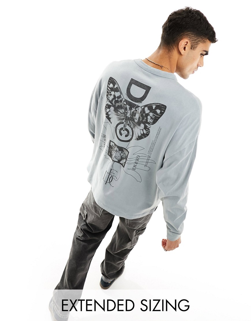 ASOS Dark Future long-sleeve t-shirt in grey wash with butterfly back print