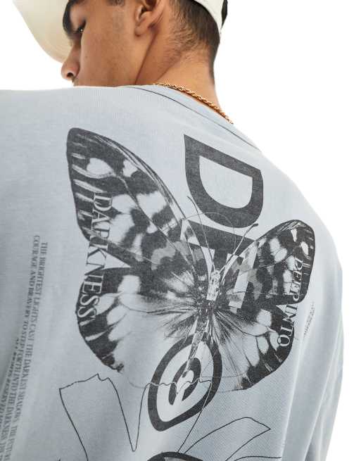 ASOS Dark Future long-sleeve t-shirt in grey wash with butterfly back print, 3 of 4
