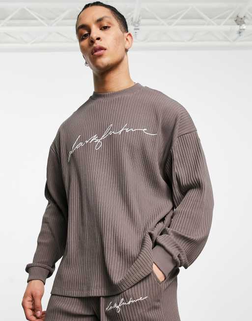 ASOS – Dark Future – Mörkgrått set i kraftig, ribbad jersey med broderad logga, 2 av 3